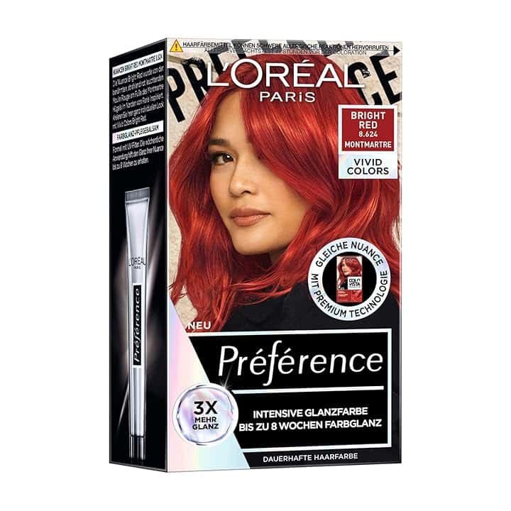 L'Oréal Paris Colori intensi e duraturi per capelli, fino a 8 settimane, capelli lucidi e colori intensi, Préférence Vivid Colors, colore: 8.624 BRIGHT RED