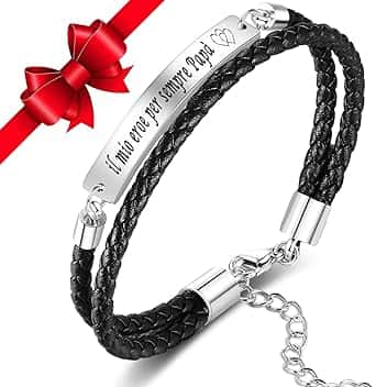 Jbniuay Regalo per la Festa del Papà - Braccialetto Papa - Regalo Padre - Braccialetto incisione，il mio eroe per sempre Papà， Bracciale Padre Pelle，Regalo di compleanno per papà