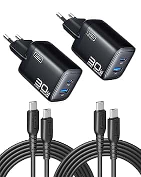 INIU Caricatore USB C 30W, 2-Pezzi Caricatore Rapido con Cavo USB-C 60W, 2Porto [USB-C + USB-A] Presa di Ricarica per iPhone 17 16 Pro Max, MacBook Air, Samsung Galaxy S25 S24 Ultra, Pixel 9a, Switch ClimatePartner certified