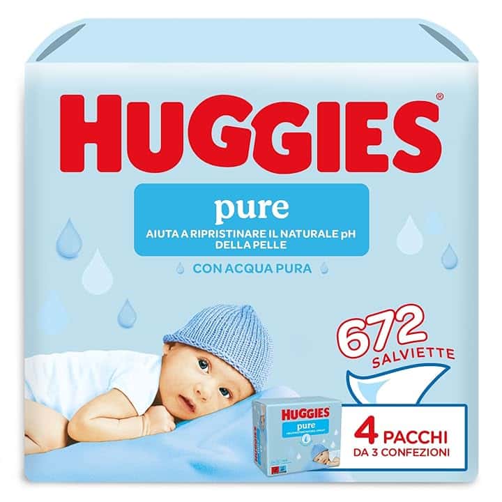 Huggies Pure Salviette Umidificate per Bambini, 672 Salviette, 99% Acqua pura, Ipoallergeniche e Senza Profumo, (12 pacchi x 56 pz)