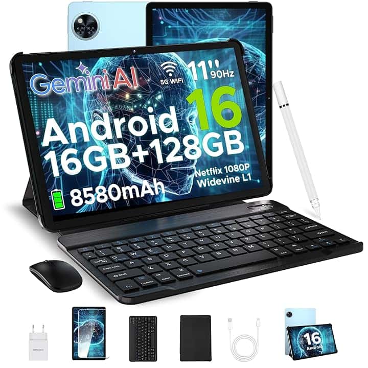 DOOGEE U11 Android 16 Tablet 11 Pollici, 16GB+128GB/2TB TF Tablet con Tastiera, 90Hz, 8580mAh, 7.9mm Thin, Unisoc T7200 Octa Core/13MP/Widevine L1/Face ID, Tablets con Penna & Mouse & Case - Blu