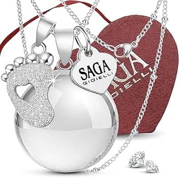 SAGA GIOIELLI Collana Chiama Angeli Gravidanza Lunga con Ciondolo Richiamo Degli Angeli Gravidanza, Idee Regali per Donne Incinte come Porta Fortuna, Regalo per Futura Mamma (Piedino Cristalli)