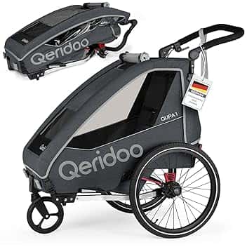 Rimorchi per bicicletta marca QERIDOO. Modello Kinderfahrradanhänger & Buggy QUPA 1 für 1 Kind mit Kupplung, Blattfeder-Dämpfsystem (bis 50 kg) - Grigio