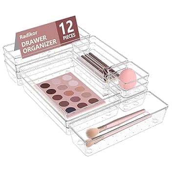 Organizer Cassetti 12 Pezzi, Contenitori per cassetti in Plastica Trasparente di 4 Dimensioni, Divisori per Cassetti Impilabili per Bagno, Cucina, Trucchi