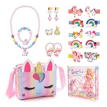 KDISHKRA Set di 20 Gioielli per Unicorno Borsetta Bambina, Girls Princess Borse con Accessori per Capelli,Mollette per Capelli,Collana,Bracciale,Anello,Orecchini, Regali di Compleanno 3-9 Anni