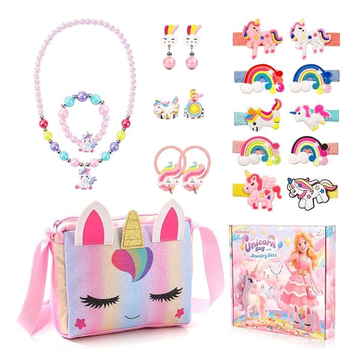 KDISHKRA Set di 20 Gioielli per Unicorno Borsetta Bambina, Girls Princess Borse con Accessori per Capelli,Mollette per Capelli,Collana,Bracciale,Anello,Orecchini, Regali di Compleanno 3-9 Anni