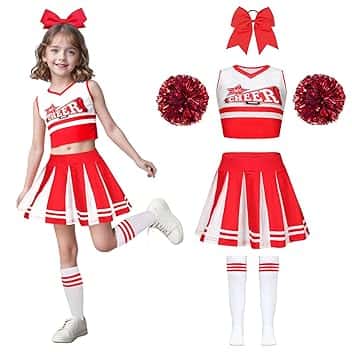 Wuzfully Costume da cheerleader per bambine con pompon e fascia per capelli Uniforme da cheerleader Carnevale Compleanno Halloween Cosplay Feste, 3-15 anni