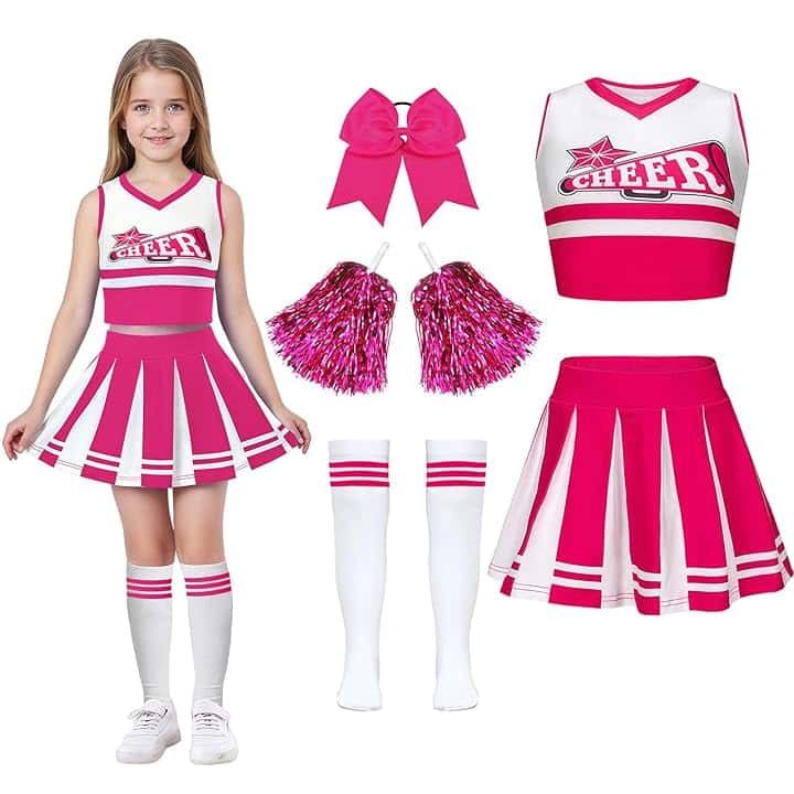 Luckyou Vestito Cheerleader Bambina Costume da Cheerleader Ragazze con Pompoms Calze Vestito Carnevale Bambina per Halloween Giornata Sportiva