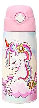 Borraccia Termica Bambini, In Acciaio Inox, 500 Ml,senza Bpa,bottiglia Acqua Con Cannuccia A Prova Di Perdite, Per Scuola, Asilo (Unicorno)