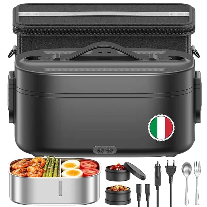 Scaldavivande Elettrico, 1.5 L 3 In 1 Scalda Vivande Portatile Elettrico, 80 W Porta Pranzo Termico con Borsa Termica, 12 V/24 V/220 V Lunch Box Termico per Auto Camion e Ufficio, Nero