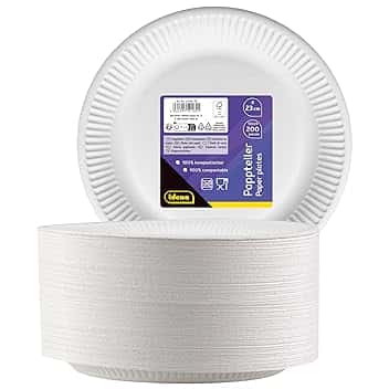 Idena 50160 - Piatto Party Bianco, 200 Pezzi,⌀ 23 cm, Certificato FSC, Piatto di Carta 100% compostabile, per Feste, Barbecue e Picnic