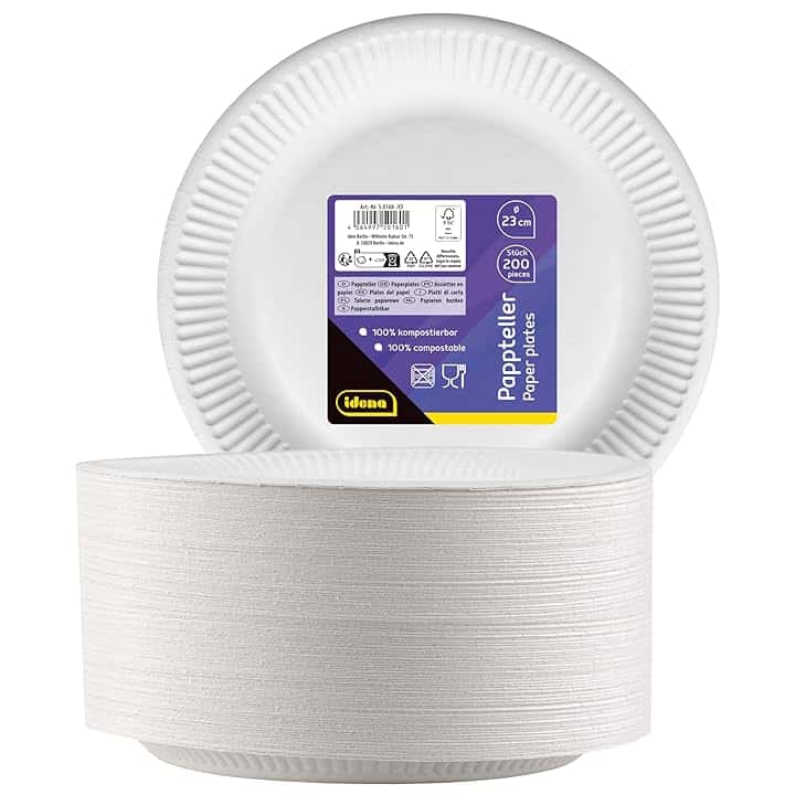 Idena 50160 - Piatto Party Bianco, 200 Pezzi,⌀ 23 cm, Certificato FSC, Piatto di Carta 100% compostabile, per Feste, Barbecue e Picnic