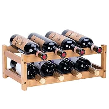 PortaBottiglie di Vino, Portabottiglie da Tavolo in Bambù Naturale, Vintage Espositore Bottiglie Scaffale Cantinetta Portabottiglie per Cucina, Bar, Cantina.(2 livelli-8 bottiglie)