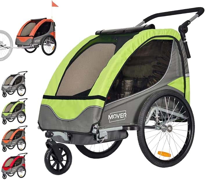 PAPILIOSHOP MOVER Rimorchio Bici per Bambini Passeggino. Anti Rovesciamento Barriera di protezione per le ruote finestre in PVC. 2 posti cintura di sicurezza a 5 punti porta oggetti sedile imbottito