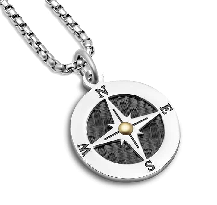 SAGA GIOIELLI Collana Uomo Rosa Dei Venti Acciaio Punto Dorato Festa Del Papà Cofezione Regalo