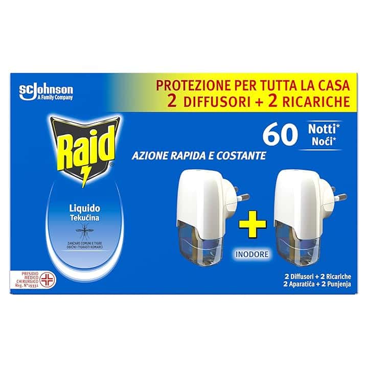 Raid Liquido Elettrico Antizanzare Comuni e Tigre, Inodore, Formato Convenienza, Confezione da 2 Diffusori e 2 Ricariche, 60 Notti