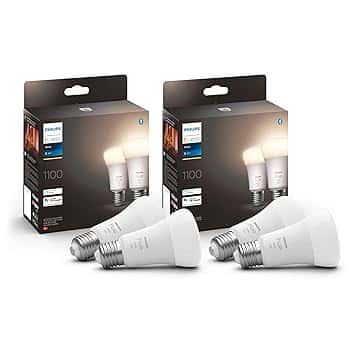 Philips Hue White 4 Lampadine Smart LED, Attacco E27, 9.5W, Luce Bianca, Dimmerabile, Controllo con Bluetooth e Hue App, Funziona con Alexa, Google Assistant e Apple HomeKit