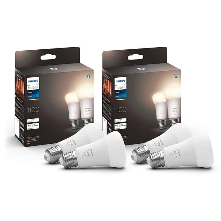 Philips Hue White 4 Lampadine Smart LED, Attacco E27, 9.5W, Luce Bianca, Dimmerabile, Controllo con Bluetooth e Hue App, Funziona con Alexa, Google Assistant e Apple HomeKit