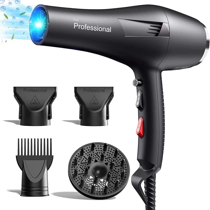 HappyGoo Phon Capelli Asciugacapelli professionale ionico, fono capelli con 1 diffusore, 2 ugelli per lo styling, 3 riscaldatori e 2 livelli di velocità (Starry Black)