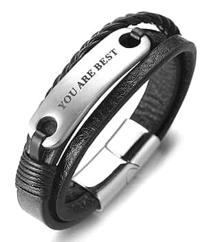 HALUKAKAH Bambini ● You Are Best ● Bracciale Ragazzo Maschio in Vera Pelle Cuoio Nero 6-12 Anni Titanio Acciaio Chiusura Magnetica in Argento 7"(18cm) con Pacco Regalo Gratuita