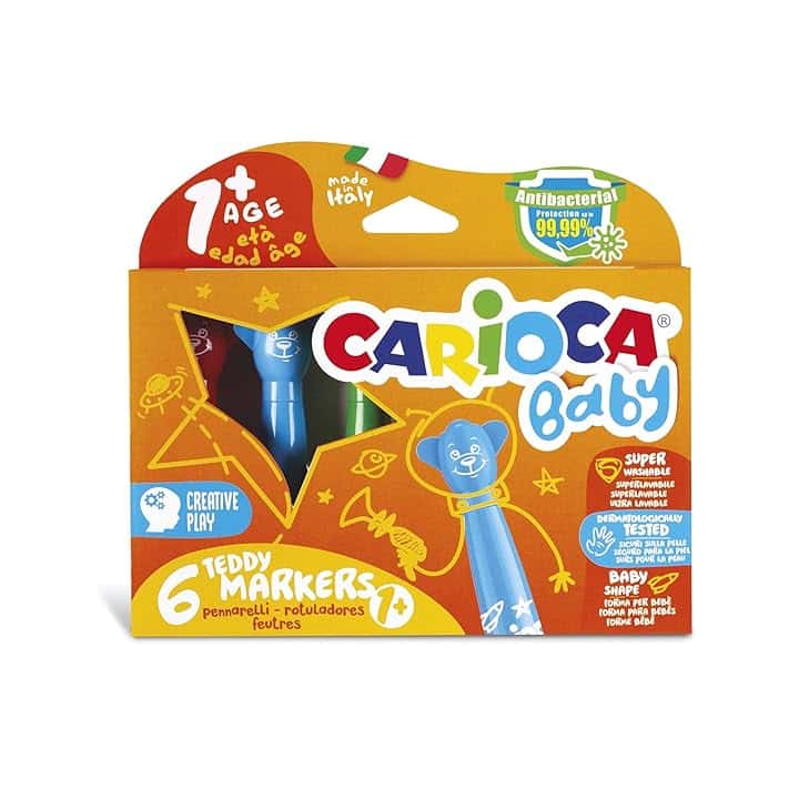CARIOCA Baby Teddy Marker 1+ | Set Colori con Pennarelli Super Lavabili, Scatola Pennarelli per Bambini dai 12 Mesi, 6 Pezzi