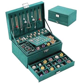 Withosent Withosent Porta Gioielli Donna 3 Livelli, Cofanetto Portagioie Scatola Porta Gioielli da Viaggio con Serrature, Grande Scatola Organizer per Anelli Bracciali Orecchini Collane (Verde Scuro)