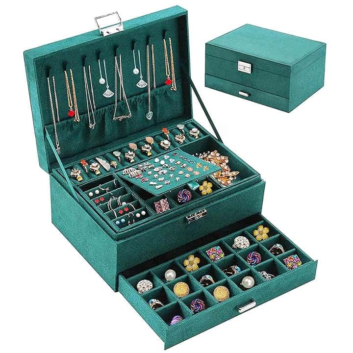 Withosent Withosent Porta Gioielli Donna 3 Livelli, Cofanetto Portagioie Scatola Porta Gioielli da Viaggio con Serrature, Grande Scatola Organizer per Anelli Bracciali Orecchini Collane (Verde Scuro)