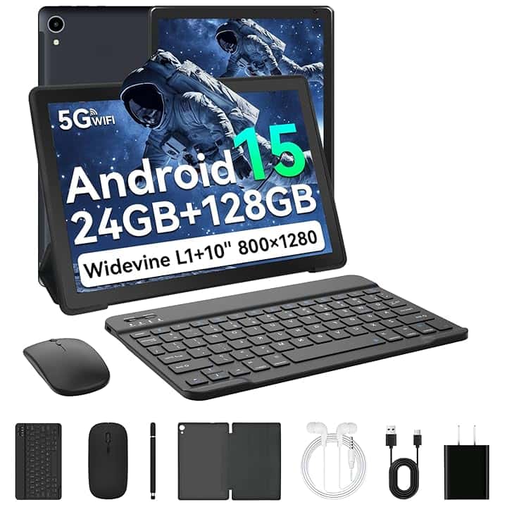 Android 15 Tablet 10 Pollici, 24GB RAM+128GB ROM, Octa Core 2.0GHz /WiFi 6+2.4G/GMS/5000mAh/Bluetooth 5.2/Widevine L1/8MP+5MP/Tablet 2 in 1 con Tastiera, Mouse, Cuffie, Penna e Custodia