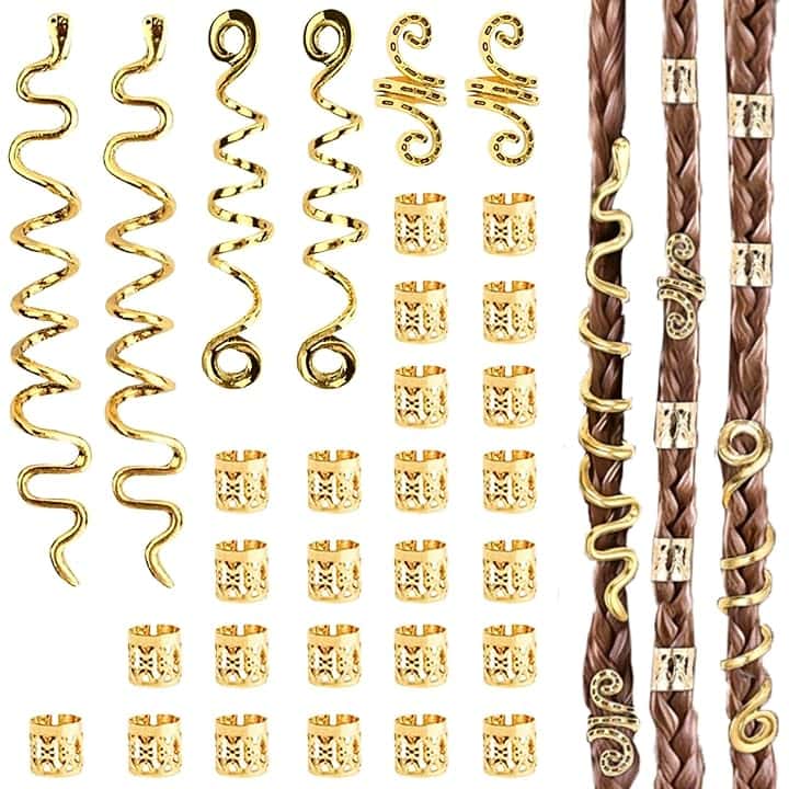 LUFFLOK 31 Pezzi Dreadlocks Trecce Clip, Oro Dreadlock Perline Clip a Spirale, Perline Dreadlock Treccia Accessori per Capelli, Regolabile Anelli Clips Per Uomini e Donne (Oro)