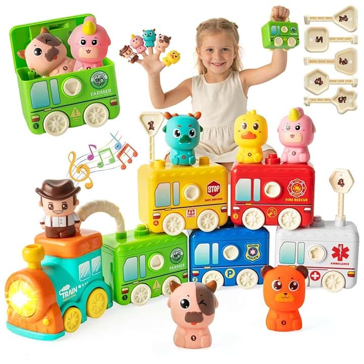 Giochi Montessori 2 Anni Treno Giocattolo Fattoria Animali Bambini,Giocattolo Educativo con Mangiafavoledi per Contare,Impilare,Abbinare e Ordinare Regalo per Bambini di 2, 3 e 4 Anni