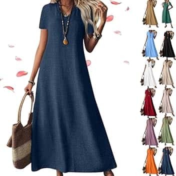 Generico Linen Dress Women Sleeveless V Neck Tunic Boho Maxi Dress, Casual Summer Modest Long Flowy Beach Vacation Sun Dresses