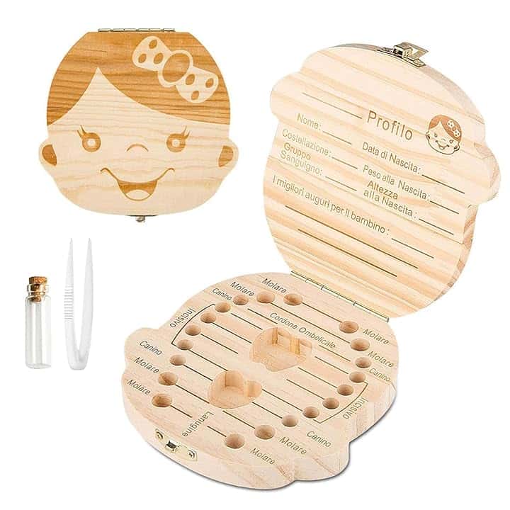 GeekerChip Scatola per Denti da Latte[Ragazza],Realizzata a Mano in Legno Durevole Denti Box Decidui Salva Ricordi di Ragazza[Versione Italiana]