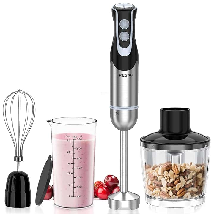 FRESKO Frullatore a Immersione 4-in-1, 1000 W Minipimer Immersione in 304 Acciaio Inossidabile, con 12 Velocità e Modalità Turbo, Antispruzzo Design, Include Misurino, Tritatutto e Frusta (HB3302)