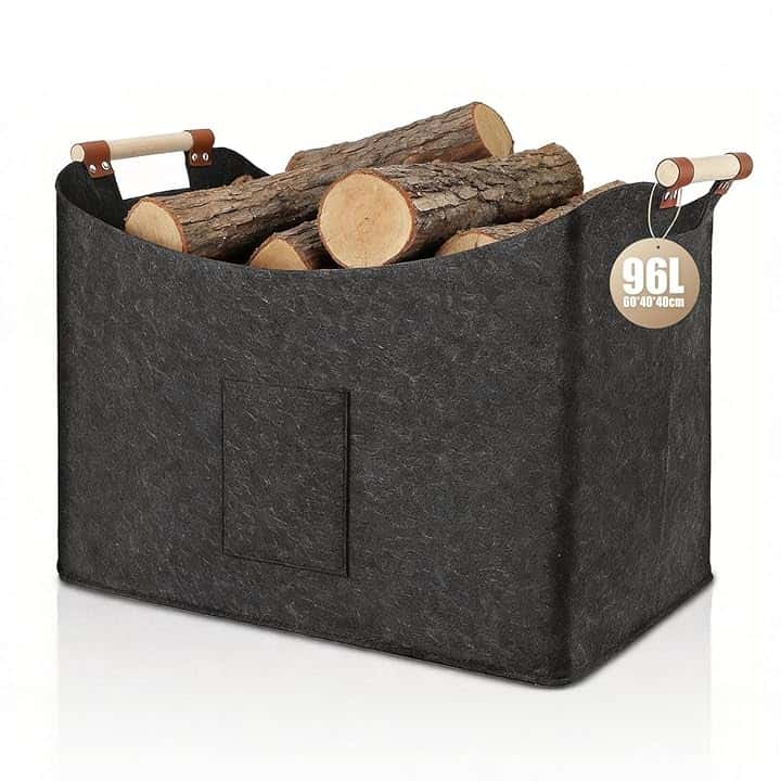 Cestino in Feltro 96L, Cesto per Legna, Cestino pieghevole per legna da ardere, in feltro extra spesso, manico rinforzato, per shopping, legno, giornali (1 Confezione - Grigio Scuro)