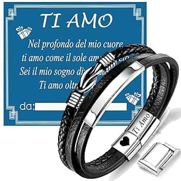Gkmamrg Regali Natale San Valentino per lui Uomo Mariti Fidanzati – Bracciale da uomo in pelle con incisione Ti Amo, Regalo di compleanno per Uomo, 22.5cm, Pelle