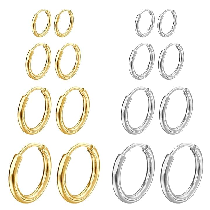 NHDDGR 8 Paia di Orecchini in Acciaio Inossidabile per Uomini e Donne, Piccoli Orecchini a Cerchio Chirurgici Orecchini da Uomo Ipoallergenici e Leggeri, Argento Donna e Oro 8-14mm