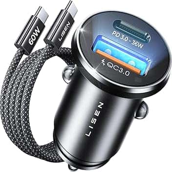 LISEN Caricatore Auto USB C 69W+60W Cavo [PD & QC3.0 Rapido] Caricatore Auto Accendisigari, Caricabatterie Auto USB C Kit di Accessori da Auto Per Cellulari Compatibile con iPhone 17 16 15 Pro Max