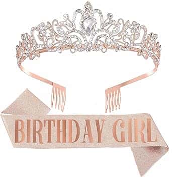 Dimetey Set Tiara e Fascia per Compleanno con Strass per Ragazze e Donne, Decorazione con Fascia per Tiara (Oro Rosa)