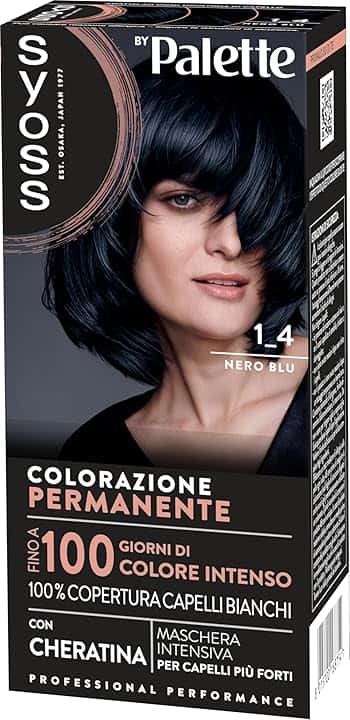 Syoss by Palette Colorazione Permanente 1-4 Nero Blu, Colorazione capelli permanente con Cheratina, Tinta capelli nero blu per 100% copertura dei capelli bianchi e fino a 100 giorni di colore intenso