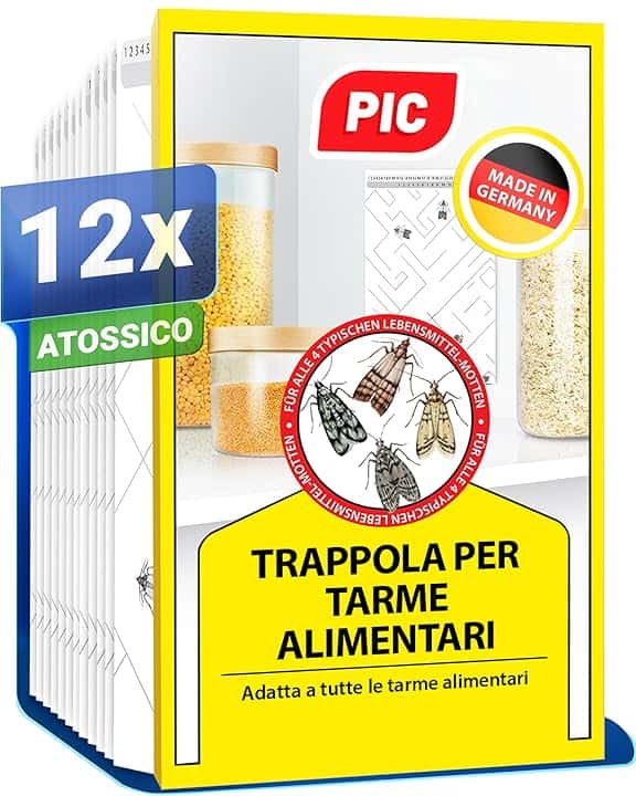 Trappole Farfalline Alimentari PIC - 12 Trappole Antitarme Alimentari - Trappole per tarme della dispensa con feromone, Trappole adesive efficaci per determinare l'infestazione di farfalline del cibo
