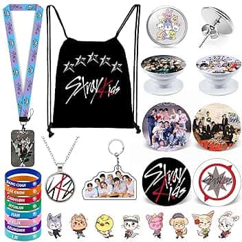 ZHENGGE Stray Kids - Regali per bambini, con borsa, collana, orecchini, bracciali, spille, cordino identificativo, portachiavi, anello per telefono, distintivo
