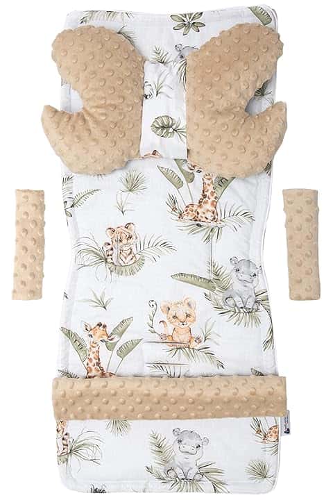 Medi Partners Riduttore Passeggino Universale Materassino Copri Neonato Cuscino - 5 elementi 78x35cm Copripasseggino Estivo per Neonati Cotone Minky (Safari con Minky beige)