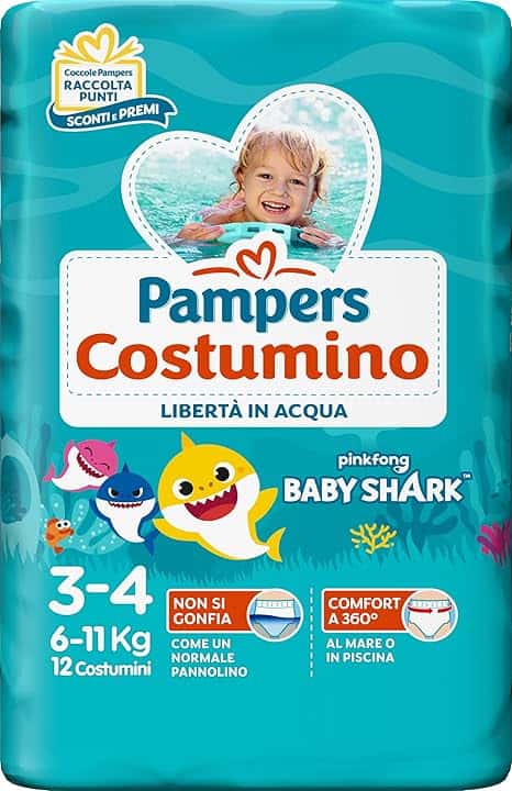 Pampers Costumino, Taglia 3 (6-11 kg), Doppia Barriera Laterale Anti-Fuoriuscita, Rimozione Facile, Fascia Elastica Avvolgente, Mare e Piscina, Cambio Veloce, Estate, Baby Shark, 12 Pannolini