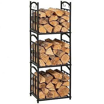Outsunny Scaffale Portalegna da Esterno e Interno a 3 Livelli, Uso Separato o Impilato, Legnaia in Metallo con Ganci per Attrezzi, Nero