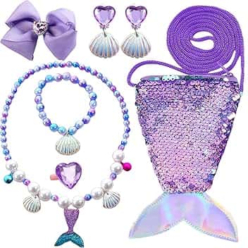 GWAWG Set di Gioielli per Bambini 7Pcs con Borsa a Tracolla a Forma di Coda con Borsa a Tracolla a Forma di Coda, Collare, Bracciale, Orecchini a Clip, Anello e Fermaglio per Capelli, Set di Gioielli
