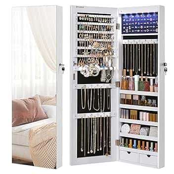SONGMICS SONGMICS Armadietto Portagioielli da Parete con Specchio Senza Cornice, Organizzatore per Gioielli con 6 Luci a LED da Porta o Muro, Grande CapacitÀ con 2 Cassetti, Bianco JJC99WT