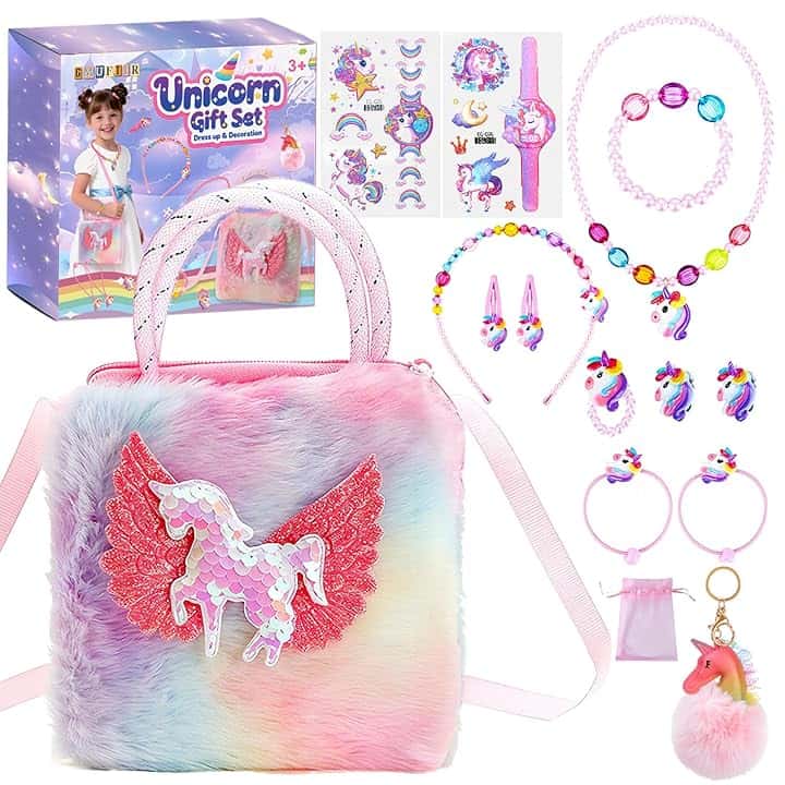 GMUFTIR GMUFTIR Borsetta Bambina Gioielli Bambina Set, 15 Pezzi Unicorno Regalo, Borsa Unicorno Collana Bracciale Anello Orecchini Fermagli per Capelli, Regali di Compleanno 3 4 5 6 7 8 Anni