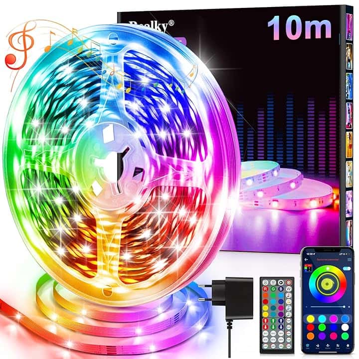 Striscia LED, 10 Metri Multicolor Luci Camera da Letto, Bluetooth APP Controllato RGB Strisce LED, Strip LED Fancy Led Musica Sincronizza per Decorare Bar, Festa, Cucina Casa, Gaming Room Etichetta Energetica
