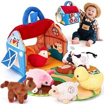 hahaland Giochi Bambini 1 anno - Fattoria Sonora in Peluche, con 6 Animali Morbidi e Suoni Realistici, Gioco Educativo Bambino Montessori Sensoriale Regalo 6 12 18 mesi Global Recycled Standard