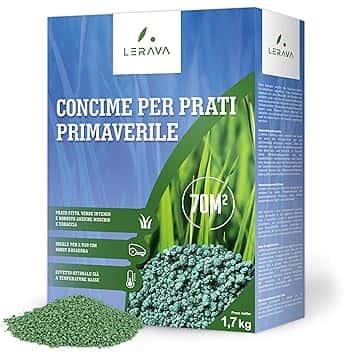 LERAVA Concime Prato Primavera (70m²) - Fertilizzante per Prato Verde e Rigoglioso - Concime Azotato Antimuschio a Lenta Cessione - Rigenerazione e Nutrizione del Tappeto Erboso per Tutta la Stagione